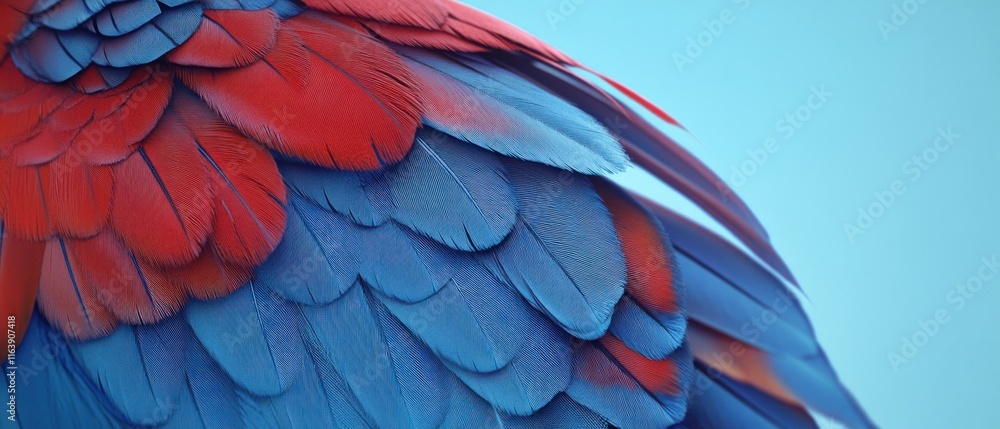 Fototapeta premium Close-up of vibrant red and blue parrot feathers against a light blue background.