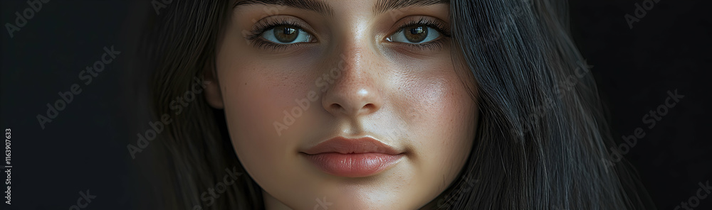 Naklejka premium Close-up portrait of a young woman showing sleek results after hair straightening -