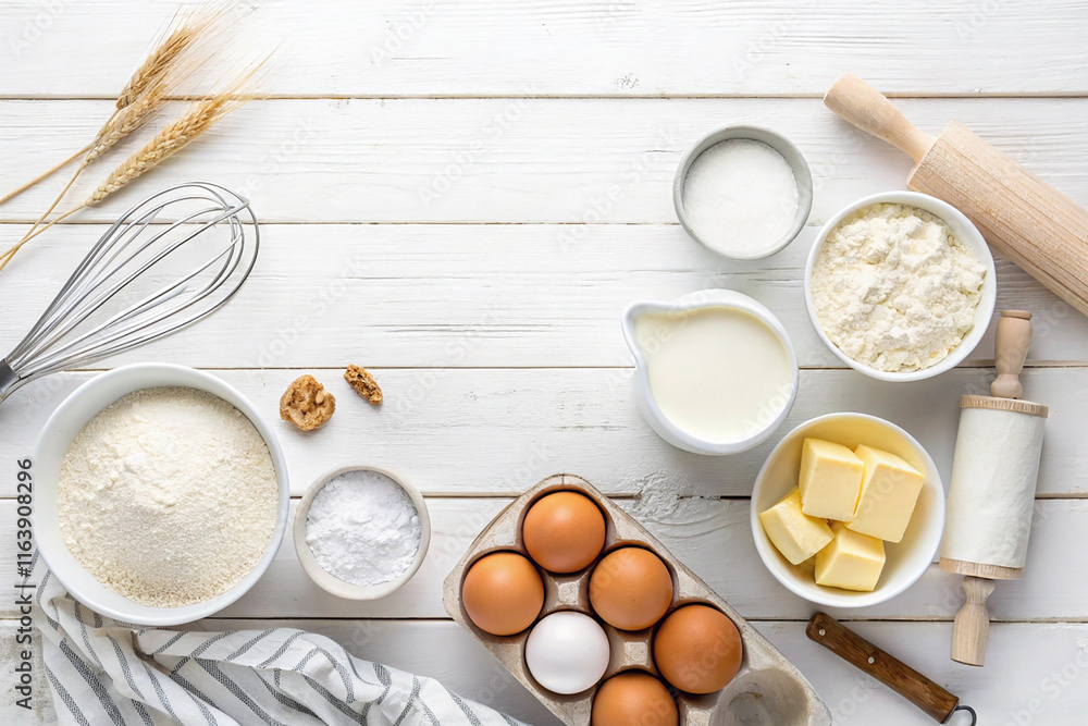 Baking background. Ingredients for the dough - Milk, eggs, flour, sour cream, butter, salt and different tools. On a white wooden background. Free space for text. Top view Baking background. Ingredients for the dough - Milk, eggs, flour, sour cream, butter, salt and different tools. On a white wooden background. Free space for text. Top view
