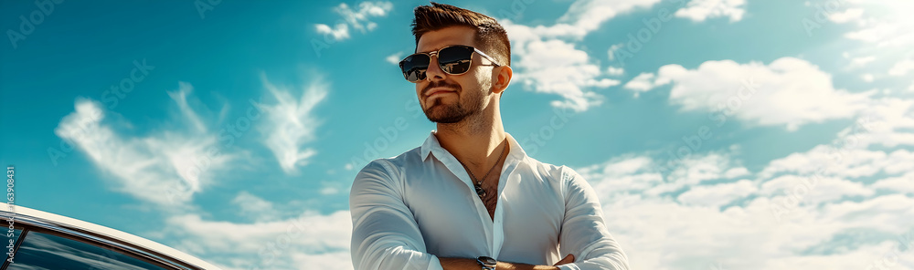 Confident man in sunglasses poses near a luxury car under a sunny blue sky - Confident man in sunglasses poses near a luxury car under a sunny blue sky -
