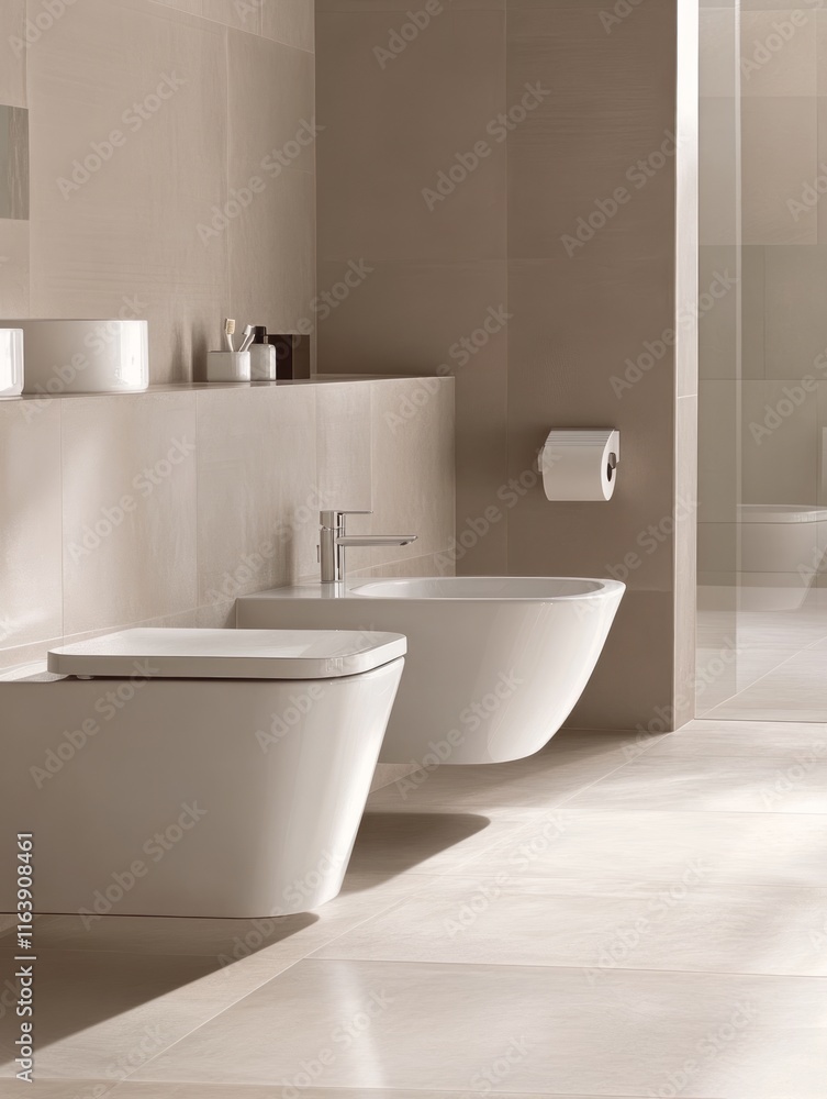 Fototapeta premium Modern Bathroom Featuring Contemporary Toilet and Bidet