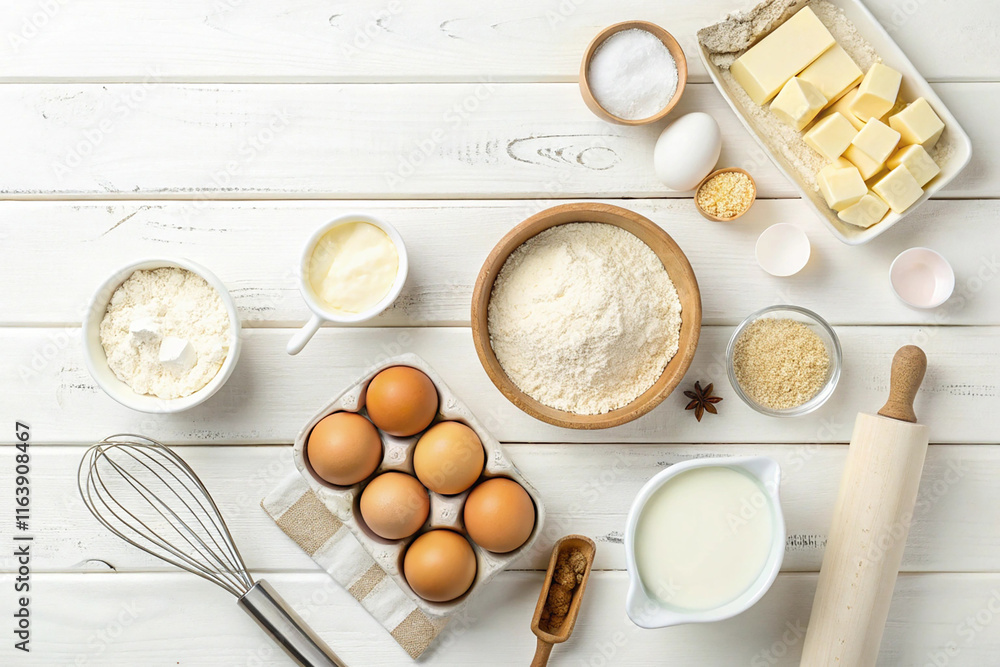 Baking background. Ingredients for the dough - Milk, eggs, flour, sour cream, butter, salt and different tools. On a white wooden background. Free space for text. Top view Baking background. Ingredients for the dough - Milk, eggs, flour, sour cream, butter, salt and different tools. On a white wooden background. Free space for text. Top view