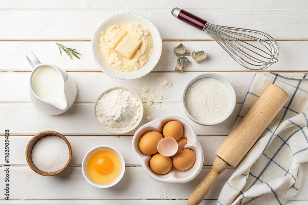 Baking background. Ingredients for the dough - Milk, eggs, flour, sour cream, butter, salt and different tools. On a white wooden background. Free space for text. Top view Baking background. Ingredients for the dough - Milk, eggs, flour, sour cream, butter, salt and different tools. On a white wooden background. Free space for text. Top view