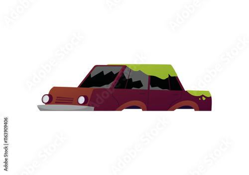 Old rusty car disassembled destroyed, overgrown with grass, vector flat abandoned broken machine without wheels isolated