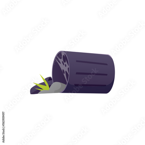 Illustration of an overturned trash can with an open lid, garbage and a spider web.
