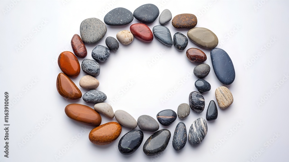 Assortment of Smooth Stones Arranged in Spiral Circle Pattern Assortment of Smooth Stones Arranged in Spiral Circle Pattern