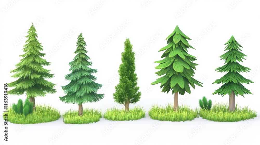 Fototapeta premium Colorful Cartoon Evergreen Trees on White Background for Banner Designs