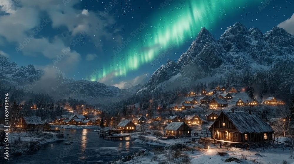 Fototapeta premium Snowy Village Under Green Aurora