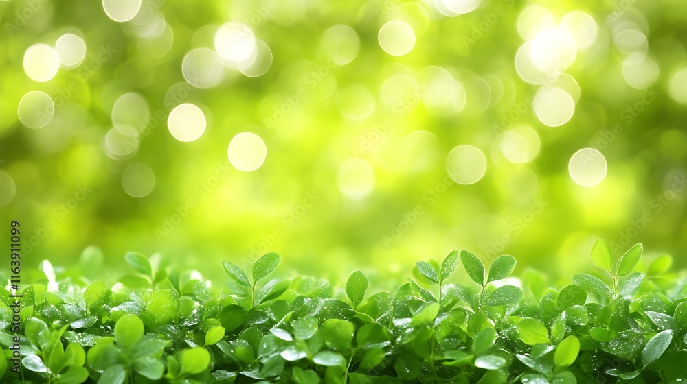 Lush Green Foliage with Dew Drops in Sunny Sunlight
