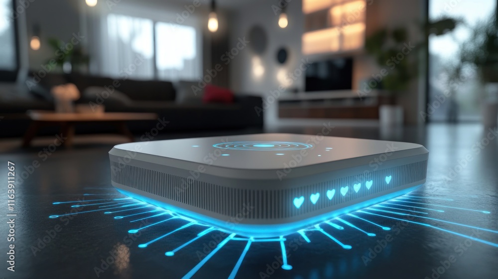 Smart home device on floor, glowing blue circuit lines, living room background. Smart home device on floor, glowing blue circuit lines, living room background.