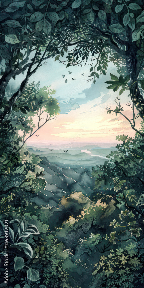 Fototapeta premium forest canopy at eye level looking out at the horizon over an endless forest with a beautiful sunrise off in the distance, realistic watercolor illustration,. 