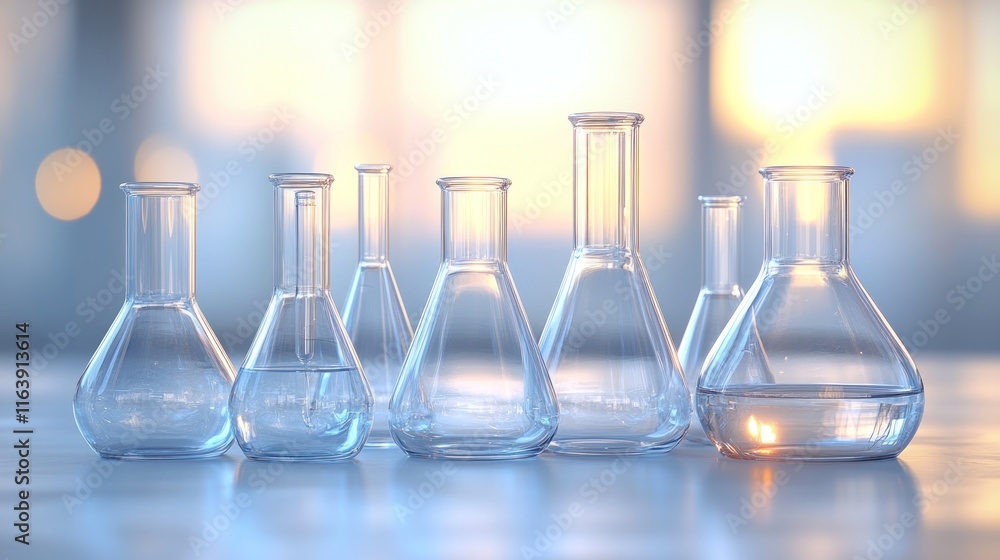 Glass laboratory beakers on a table. Glass laboratory beakers on a table.