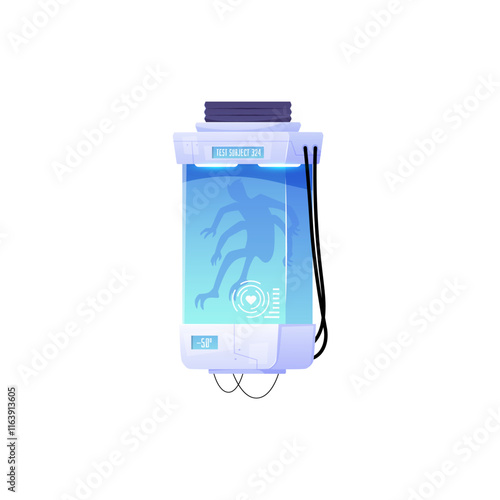 Vector illustration with cryochamber with fantastic creature inside. Secret sci-fi laboratory equipment. Experiments, creation and cloning. Flat cartoon style on isolated background.