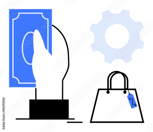 Hand holding currency, gear symbolizing settings, and shopping bag with tag indicating e-commerce concepts. Ideal for finance, online shopping, payment, business settings, economy, financial