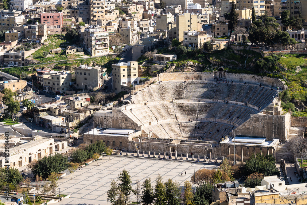 Amman, Jordan: Aerial view of the Roman theater in Amman old town, Jordan capital city