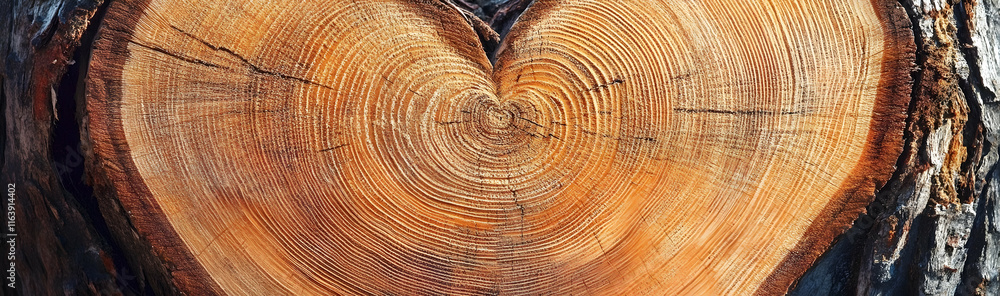 Naklejka premium Extreme close-up of a cross-section of a heart-shaped tree trunk with visible growth rings, isolated for nature projects -
