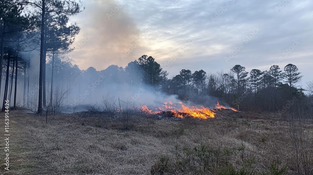 Fototapeta premium Controlled Burn in a Pine Forest at Dusk
