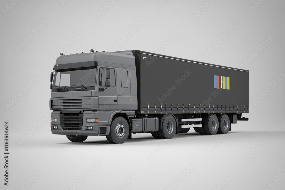 Obraz premium A gray truck with a covered trailer, designed for transporting goods.