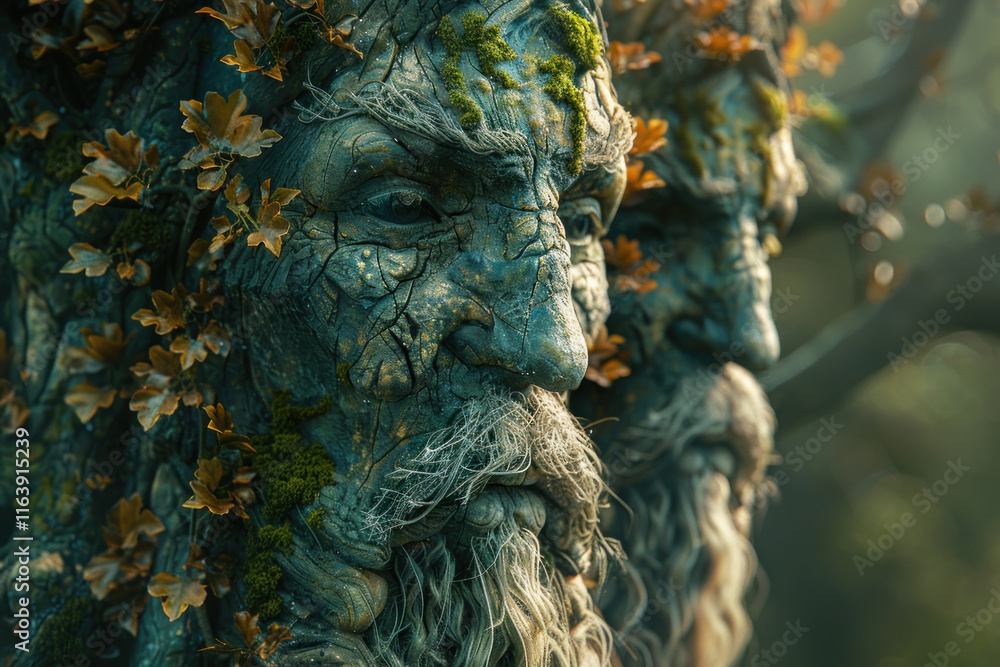 two ancient wooden pagan idols, a face with a beard and mustache,. two ancient wooden pagan idols, a face with a beard and mustache,.