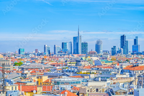 Obraz na płótnie The roofs ofhistoric buildings and the Milan Financial District in the background, Italy. w salonie