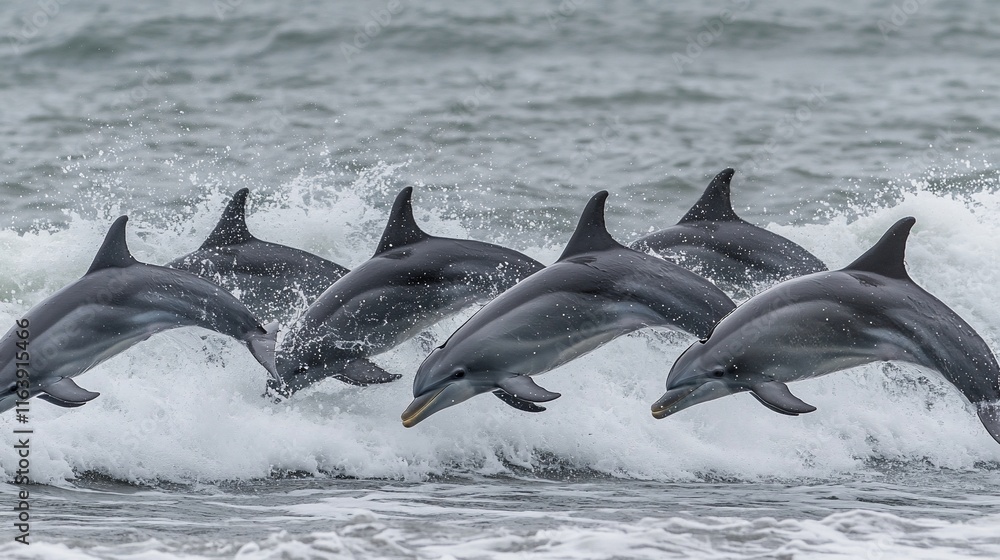 Naklejka premium Dolphins leaping through waves, oceanic wildlife, marine mammals in their natural habitat. A breathtaking scene of nature's power and beauty.