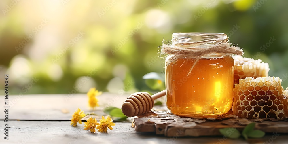 Jar of honey with honeycomb Jar of honey with honeycomb
