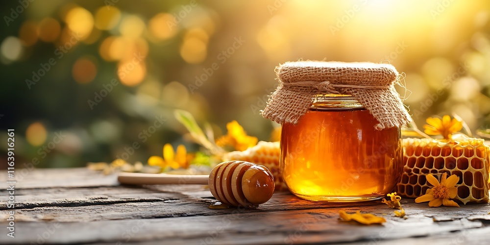 Jar of honey with honeycomb Jar of honey with honeycomb