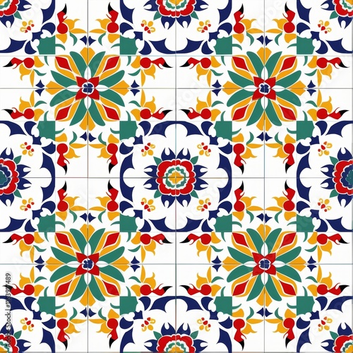 Vibrant floral tile design featuring colorful flowers surrounded by a decorative border