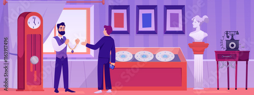 Vector illustration of an elegant antique shop with antique necklace, watches, sculptures, paintings