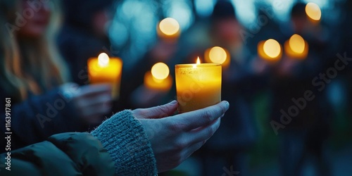 A solemn candle vigil outdoors, with individuals holding candles and reflecting quietly.