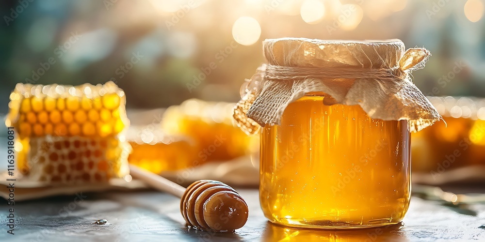 Jar of honey with honeycomb Jar of honey with honeycomb