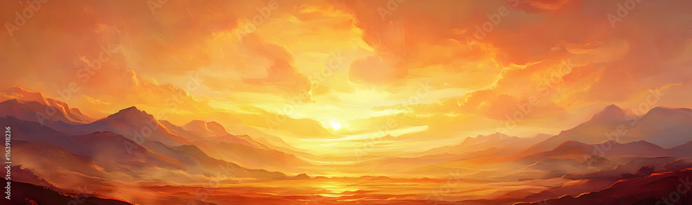 Obraz premium Golden Sky Sunset with Romantic Orange and Yellow Light Over Horizon -