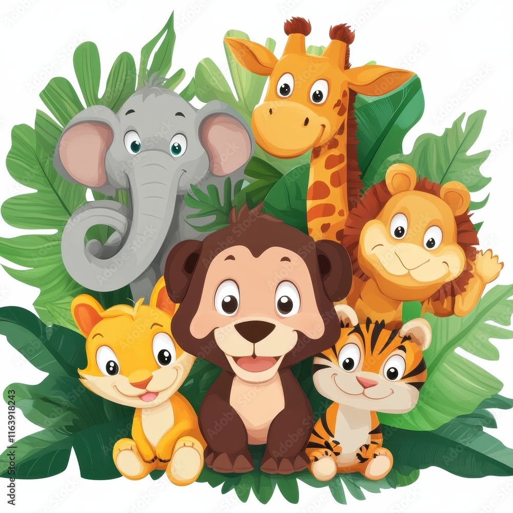 Naklejka premium Adorable Baby Animals Amongst Lush Green Tropical Leaves