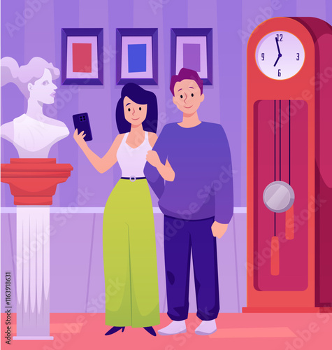 Antique shop, rarity store interior with couple of buyers vector flat illustration, pawn shop with vintage clock, statue