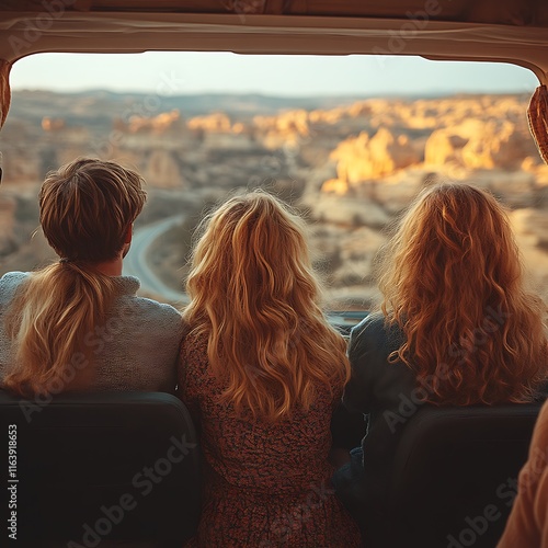 Golden Hour Road Trip: Three Friends Admire Scenic Desert Vista photo