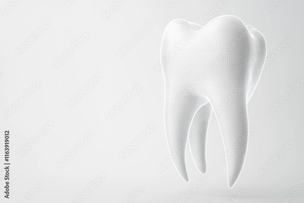A close up of a tooth with a white background. The tooth is shown in a 3D form, giving it a more realistic and detailed appearance