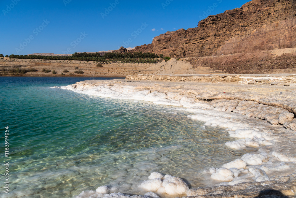 Dead Sea, Jordan: View of the salty shores of the dead sea in Jordan, the lowest point on earth.