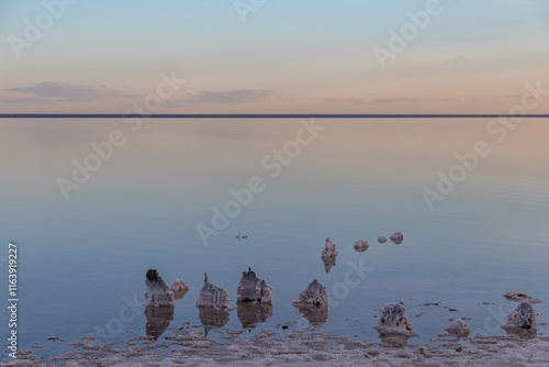 Beautiful sunset on the Elton salt lake. Volgograd region, Russia photo