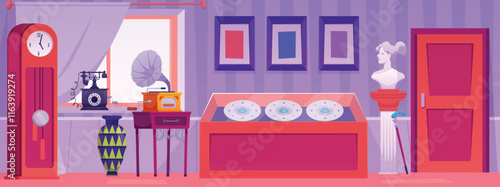 Antique shop, rarity store interior vector flat illustration, pawn shop with retro telephone, vintage clock, vase plates