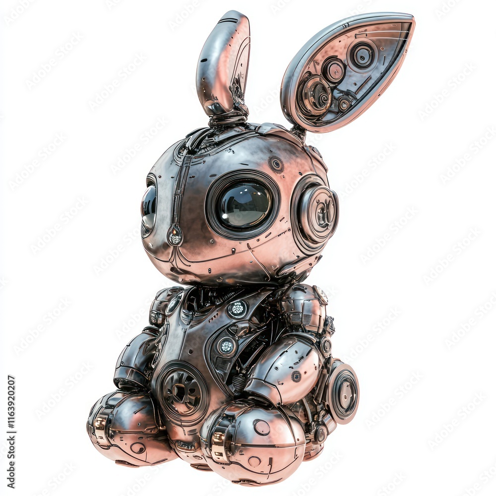 Lovable cyborg bunny with soft, metallic fur. vector style art 3d illustration Isolated on White Background 