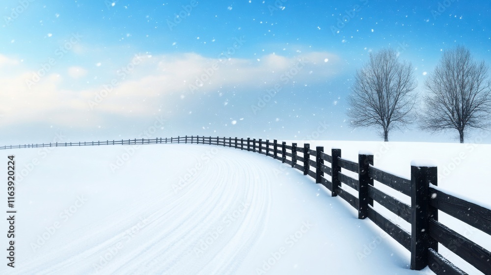 a countryside landscape with a wooden fence and open fields, as snow falls heavily a countryside landscape with a wooden fence and open fields, as snow falls heavily