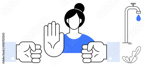 Woman raising her hand between two hammering fists, dripping water faucet, abstract leaf. Ideal for conflict resolution, personal boundaries, environmental awareness, preventing violence