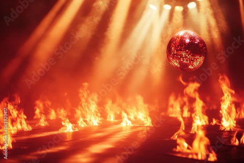 Disco Ball Suspended Above Fiery Stage Floor