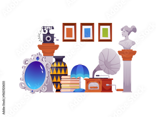 Vector illustration of Old things for sale in antique shop.