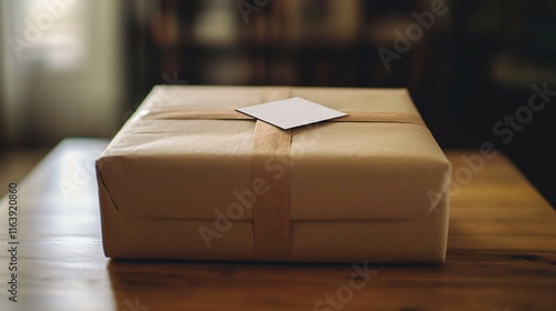 Neatly wrapped gift box with return label on minimalist table, showcasing online shopping returns, e-commerce logistics, and package delivery concepts. photo