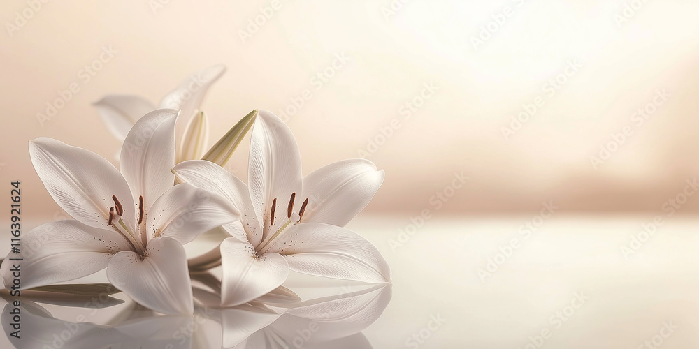 Obraz premium A delicate cluster of white lilies on a warm smooth surface, showcasing elegance and purity