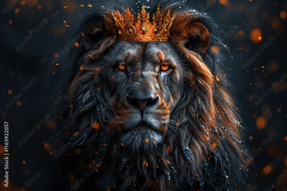Naklejka premium lion with crown, grayscale, portrait, realistic style, dark background, golden highlights,. 