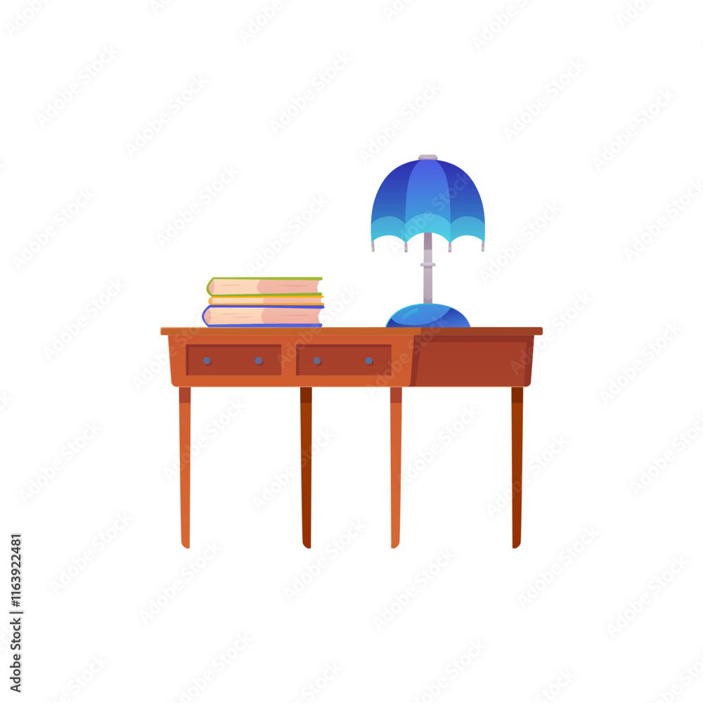 Vector illustration of retro wooden table with lamp and books. Vector illustration of retro wooden table with lamp and books.