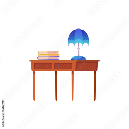 Vector illustration of retro wooden table with lamp and books.