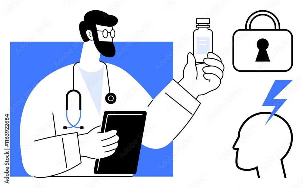 Doctor holding a medication bottle and a clipboard, security lock icon, head with lightning bolt symbol. Ideal for medical, pharmaceuticals, mental health, data security, healthcare technology Doctor holding a medication bottle and a clipboard, security lock icon, head with lightning bolt symbol. Ideal for medical, pharmaceuticals, mental health, data security, healthcare technology